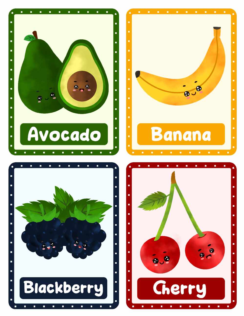 Cute Watercolor Fruits Flashcards For Kids